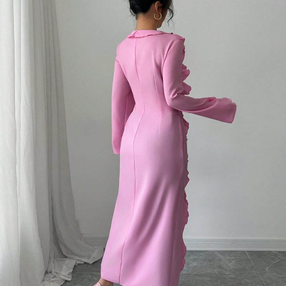 Pink Casual Women's Elegant Long Sleeve Ruffle Blouse - Picture 2 of 7